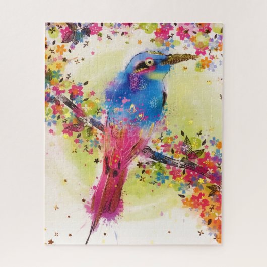 金ゴールド春鳥の花の花の水色 ジグソーパズル (縦)