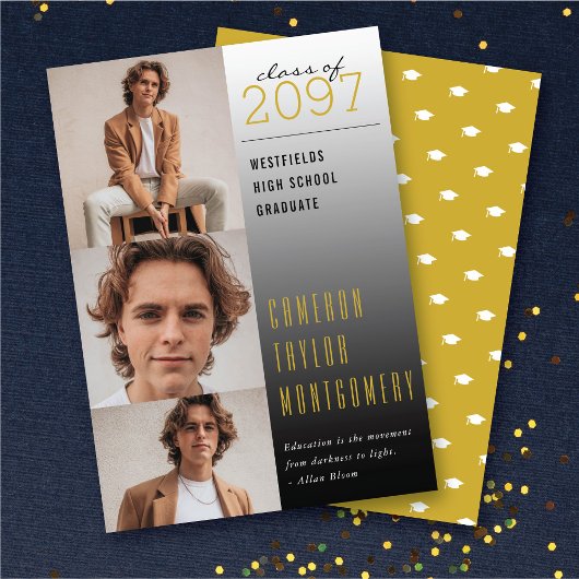 金ゴールド暗から明るい引用文3モダン写真卒業 案内状