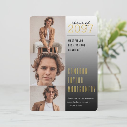 金ゴールド暗から明るい引用文3モダン写真卒業 案内状 (スタンド正面)