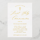 金ゴールド書と十字架 | First Holy Communion 箔招待状 (正面)