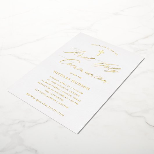 金ゴールド書と十字架 | First Holy Communion 箔招待状 (回転した状態)