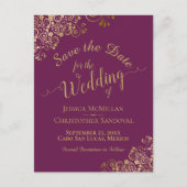 金ゴールド書の結婚式の日付を保存するマゼンタ 案内ポストカード (正面)