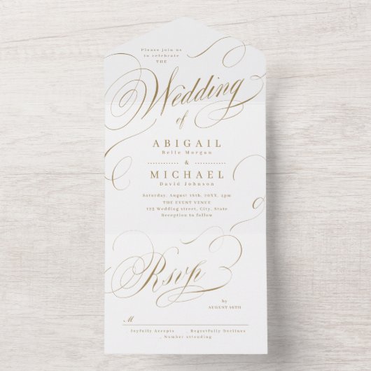 金ゴールド書エレガントクラシックヴィンテージ結婚式 オールインワン招待状 (内側)