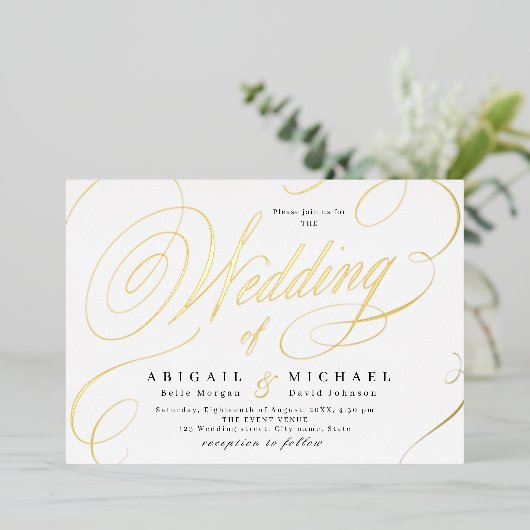 金ゴールド書エレガントクラシックヴィンテージ結婚式 箔招待状 (立ち正面)