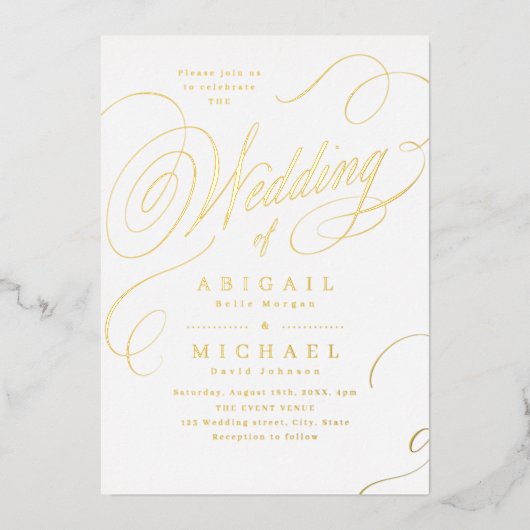 金ゴールド書エレガントクラシックヴィンテージ結婚式 箔招待状 (正面)