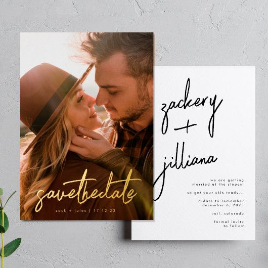 金ゴールド書写真スタイリッシュ日付の保存 箔招待状