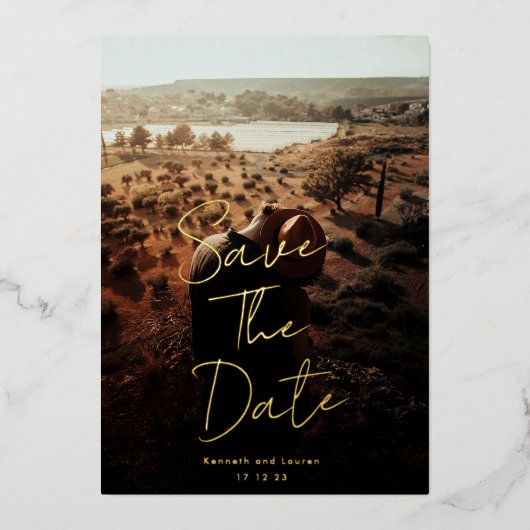 金ゴールド書名前をカスタムする写真の日付の保存 箔招待状 (正面)