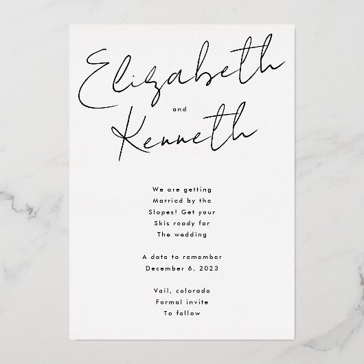 金ゴールド書名前をカスタムする写真の日付の保存 箔招待状 (裏面)