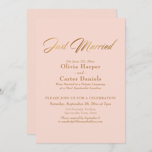 金ゴールド書道たった今結婚しました赤面ピンク披露宴 招待状 (正面/裏面)