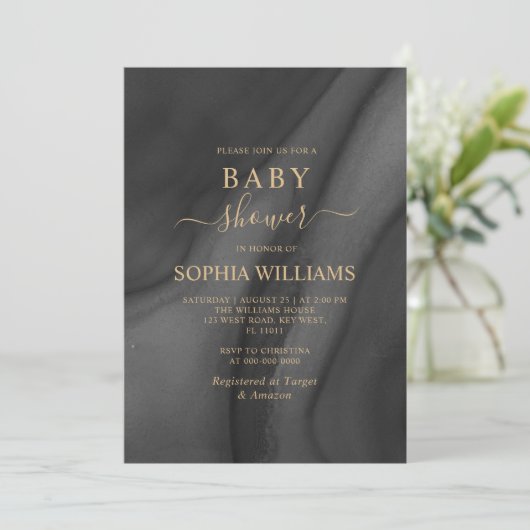 金ゴールド書道と黒ベビーシャワー招待状 招待状 (スタンド正面)
