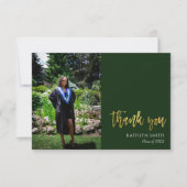 金ゴールド書道の緑モダンの写真の卒業 サンキューカード (正面)