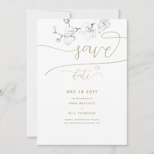 金ゴールド書道シック蘭の結婚式の日付を保存 招待状 (正面)