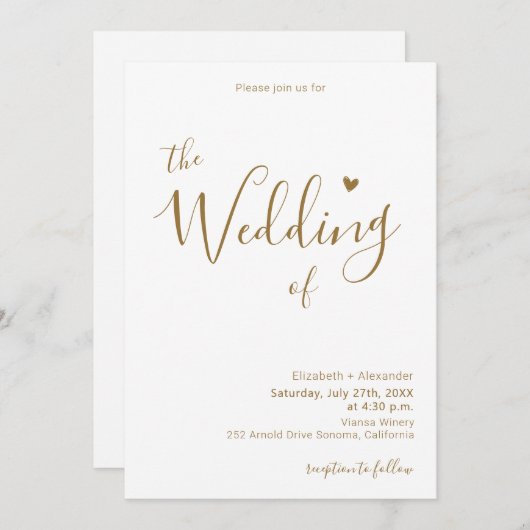 金ゴールド書道ハートスクリプトQRコード結婚の 招待状 (正面/裏面)