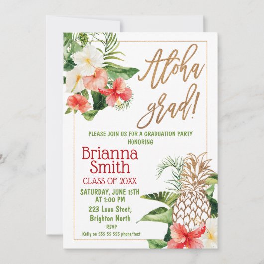 金ゴールド書道フローラルアウ(ハワイ式宴会)卒業 招待状 (正面)