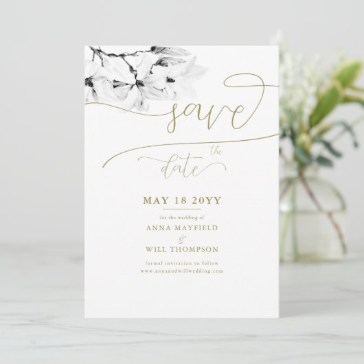 金ゴールド書道マグノリア結婚式の日付を保存 招待状 (スタンド正面)