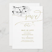 金ゴールド書道マグノリア結婚式の日付を保存 招待状 (正面/裏面)