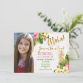 金ゴールド書道ルアウ（ハワイ式宴会）写真誕生日招待状 招待状 (スタンド正面)