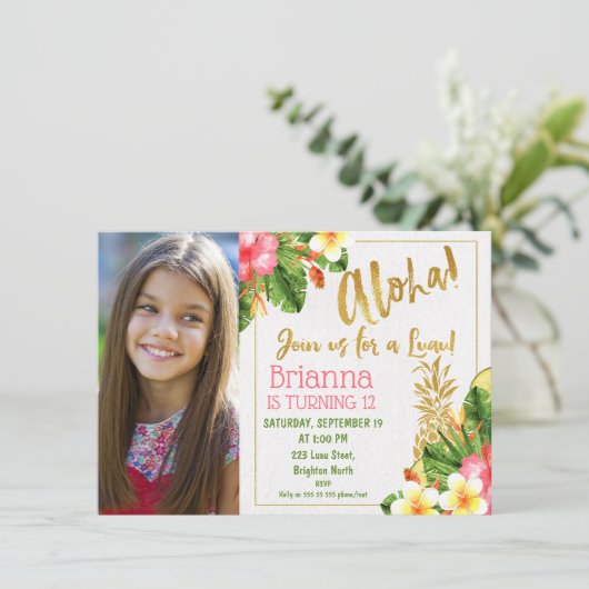 金ゴールド書道ルアウ（ハワイ式宴会）写真誕生日招待状 招待状 (スタンド正面)