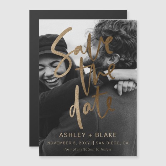 金ゴールド書道写真の保存日付 マグネット招待状 (正面/裏面)