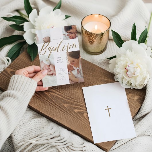 金ゴールド書道写真コラージュベビーバプテスムクロス 招待状