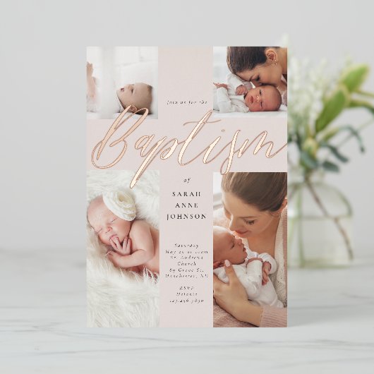 金ゴールド書道写真コラージュベビーバプテスムクロス 箔招待状 (立ち正面)