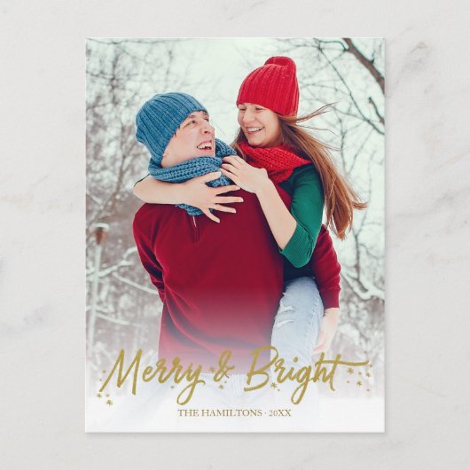 金ゴールド書道写真メリーと明るいクリスマス ポストカード (正面)