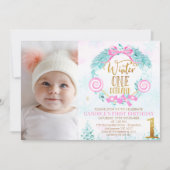 金ゴールド書道冬のオネダーランド写真誕生日 招待状 (正面)