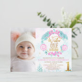 金ゴールド書道冬のオネダーランド写真誕生日 招待状 (スタンド正面)