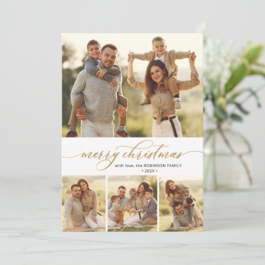 金ゴールド書道台本4フォトコラージクリスマス シーズンカード (スタンド正面)