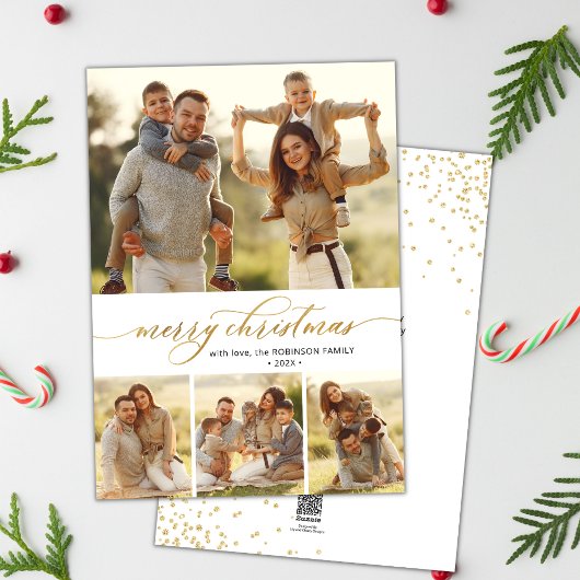 金ゴールド書道台本4フォトコラージクリスマス シーズンカード