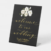 金ゴールド書道白フローラ歓迎結婚の 台座サイン (正面)