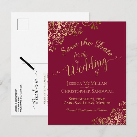 金ゴールド書道結婚式の日付を保存するマルーン 案内ポストカード (正面/裏面)
