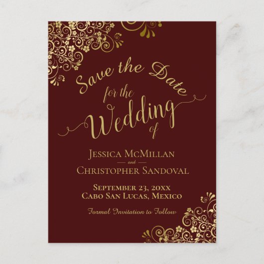 金ゴールド書道結婚式の日付を保存Auburn 案内ポストカード (正面)