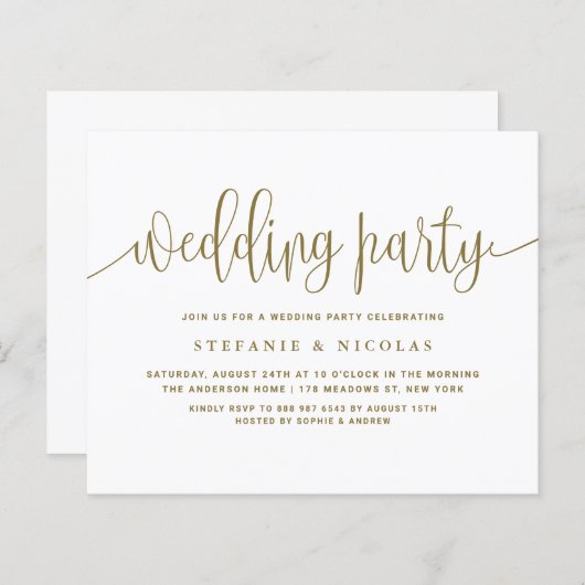 金ゴールド書道結婚式パーティー招待状 (正面/裏面)