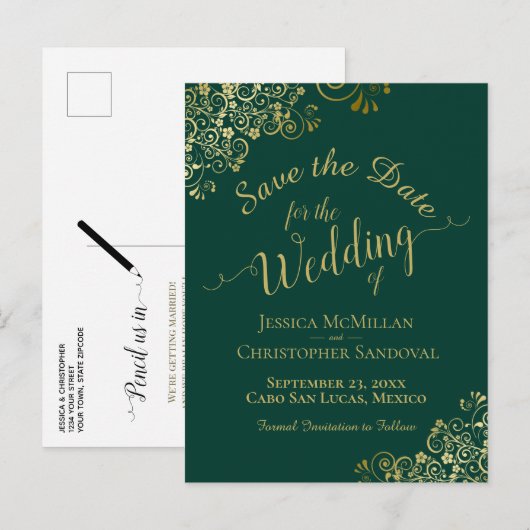 金ゴールド書道結婚式Save the Date Emerald 案内ポストカード (正面/裏面)