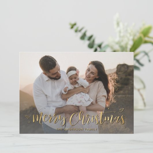 金ゴールド書道雪片写真メリークリスマス シーズンカード (スタンド正面)