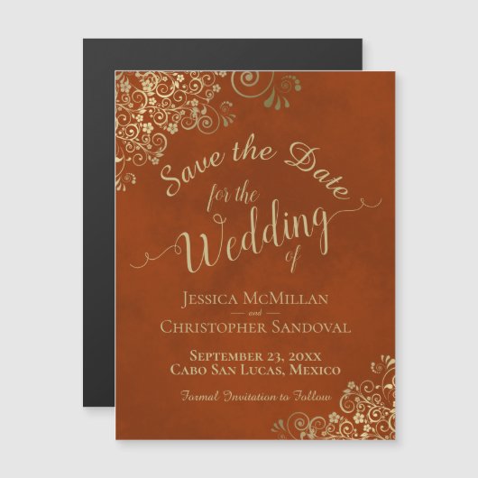 金ゴールド書道Rust Orange日付磁石を保存 (正面/裏面)