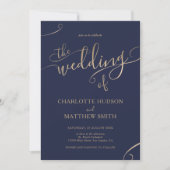 金ゴールド書 |ネイビーブルー結婚式招待状 招待状 (正面)