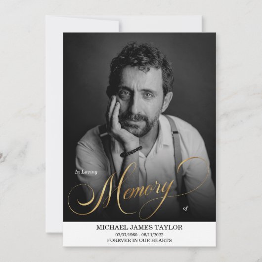 金ゴールド書Photo In Loving Memory葬式 招待状 (正面)