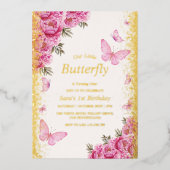 金ゴールド最初の誕生日ピンク蝶 箔招待状 (正面)