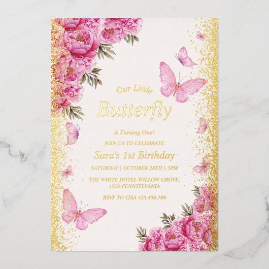 金ゴールド最初の誕生日ピンク蝶 箔招待状 (正面)