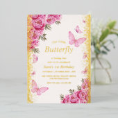 金ゴールド最初の誕生日ピンク蝶 箔招待状 (立ち正面)