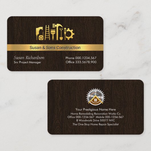 金ゴールド材木層の上の手作りツール 名刺 (正面/裏面)