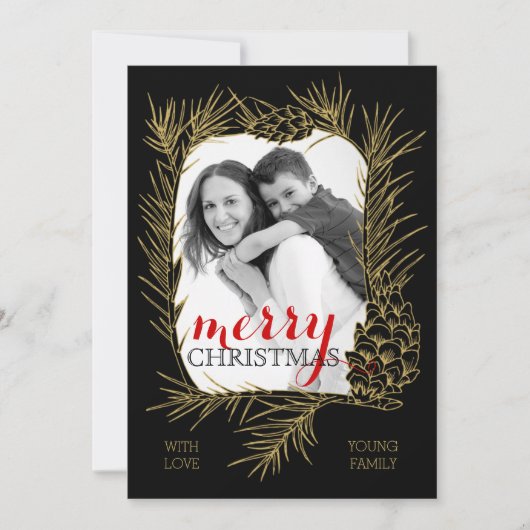 金ゴールド松の枝とコーンのフレームはメリークリスマス シーズンカード (正面)