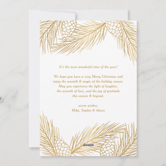 金ゴールド松の針ベビー初めてのクリスマス写真 シーズンカード (裏面)