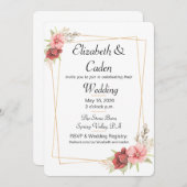 金ゴールド枠およびピンクフローラ結婚式招待状 招待状 (正面/裏面)