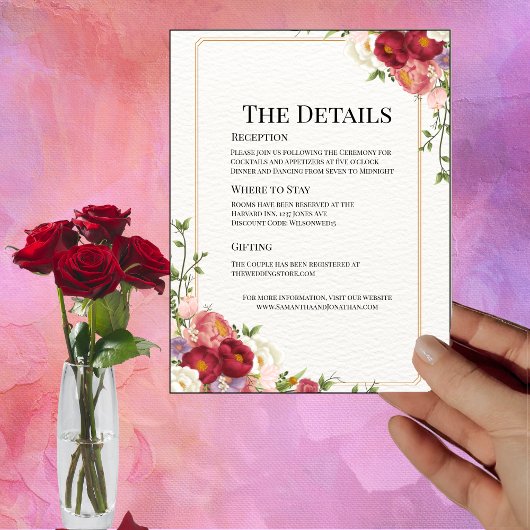 金ゴールド枠かわいらしと花結婚の詳細カード 招待状