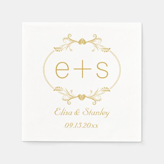 金ゴールド枠とイニシャルエレガントモノグラ結婚ム スタンダードカクテルナプキン (正面)