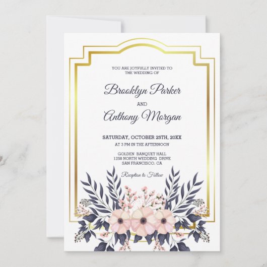 金ゴールド枠と花束結婚の 招待状 (正面)