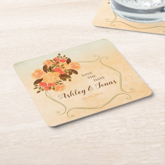 金ゴールド枠と花 スクエアペーパーコースター (アングル)